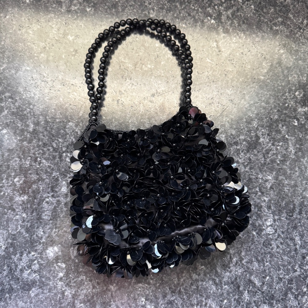 Vintage La Regale Black Floral Sequin Beaded Evening Bag Cocktail Mini Handbag